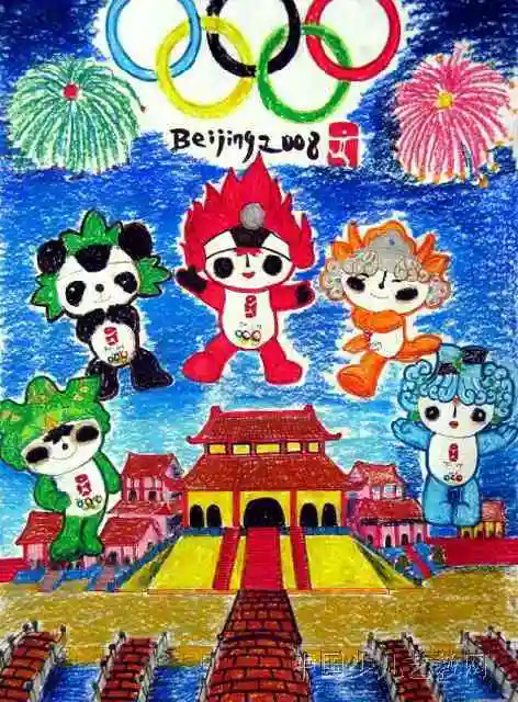 五福迎奥运儿童画作品欣赏奥运五环的意义插画设计运动大科普!