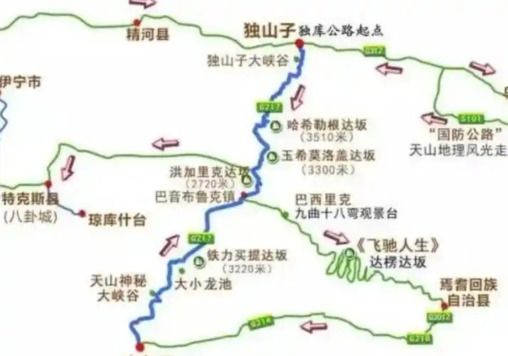 独库公路原是一条国防公路,北起独山子,南到库车,全长561公里,公路