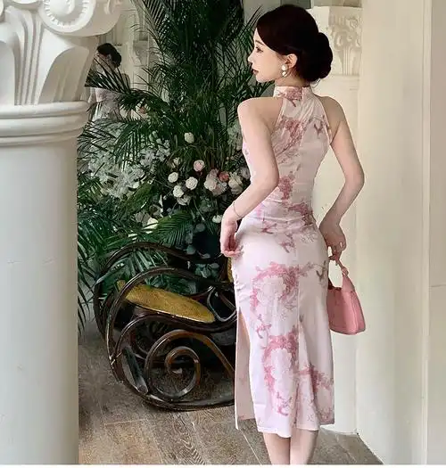 实拍现货~新款夏季轻熟紧身年会复古印花开叉中长旗袍连衣裙 - 17网