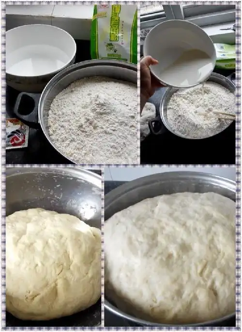 肉包子,面粉倒入盆中,35度温水调和酵母粉, a style=color:red