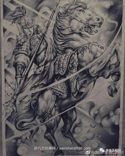 商丘导游的男生满背赵云纹身手稿图案图片参照