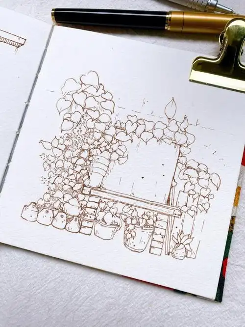 钢笔淡彩小场景线稿附原图