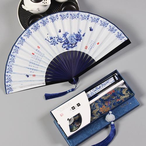 中国风古典青花瓷扇子男士古风折扇汉服随身折叠扇女式小巧旗袍扇