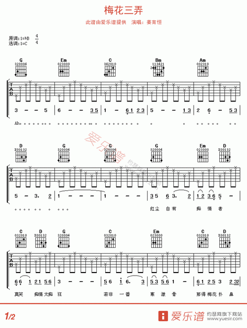 姜育恒梅花三弄吉他谱