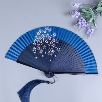 古风便携绿色折扇女式随身古典中国风汉服旗袍折叠小扇子 樱花蓝色面