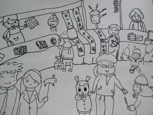 过年办年货买灯笼的场景简笔画