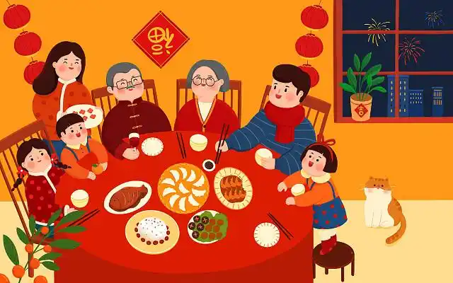 扁平卡通人物2023新年年夜饭一家人团圆插画素材兔年