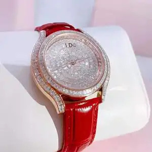 ido手表轻奢正品心动水晶真皮腕表女表时尚气质礼物礼品女士红色