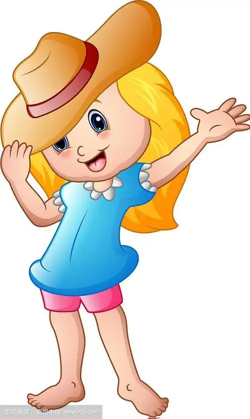 卡通小女孩戴着夏天的帽子