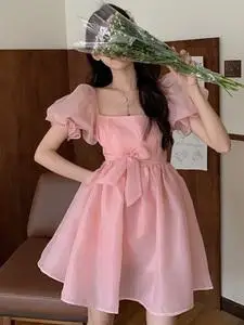 甜美初恋粉色公主裙女泡泡袖网纱收腰显瘦小个子复古蓬蓬连衣裙夏