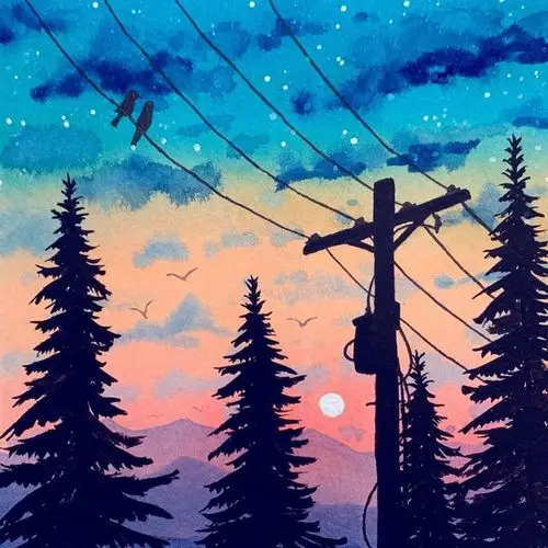 超美的剪影水彩风景画手绘素材星空书签水彩唯美有意境2