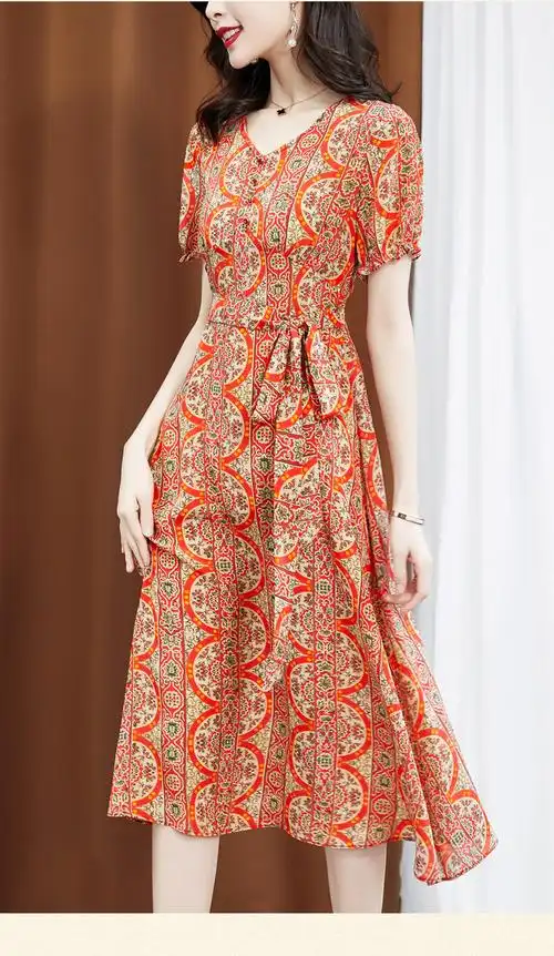 smjr8201759真丝连衣裙v领印花中长款裙子