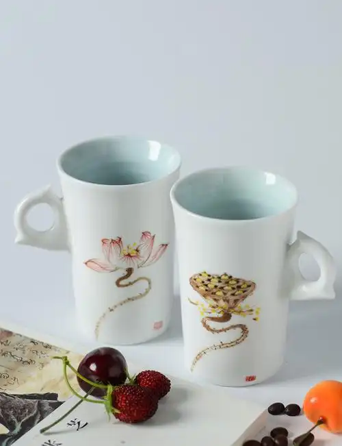 莲花图案马克杯女士大容量杯子复古水杯景德镇陶瓷杯家用个性手绘