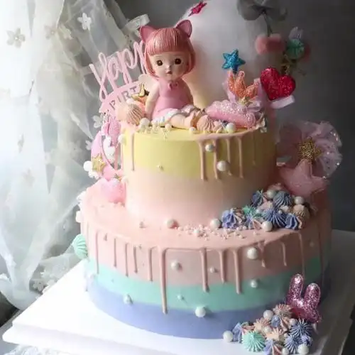 红叉子双层小女孩满月周岁奶油蛋糕