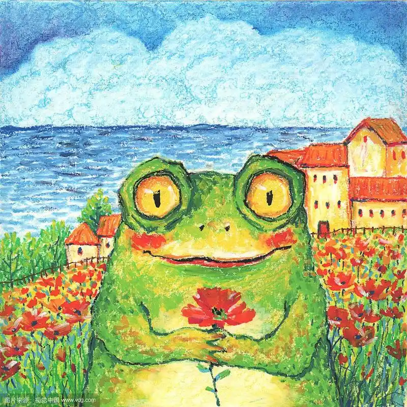 油画棒色粉笔重彩儿童插画动物插画系列在海边抱着花的青蛙