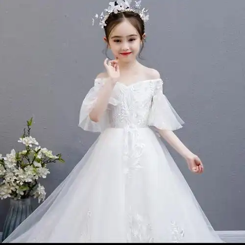 儿童礼服女童婚纱公主蓬蓬裙高端大气拖尾女孩钢琴演出服模走秀