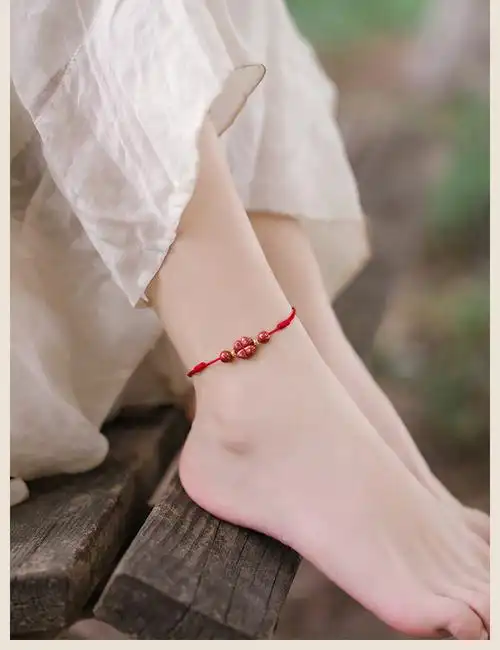檀福匠朱砂四叶草脚链女红绳红绳脚绳祈福抽拉绳简约古风百搭红绳适合