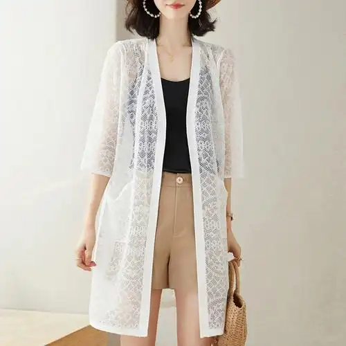 外搭罩衫女桑蚕丝中长款夏季镂空针织开衫冰丝披肩外套防晒衫薄款