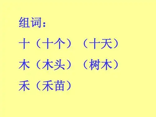 组词: 十(十个)(十天) 木(木头)(树木) 禾(禾苗)
