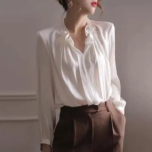 白色真丝上衣女设计感小众早秋新款长袖法式荷叶边衬衫桑蚕丝衬衣