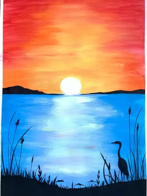 水粉画儿童画日出东方