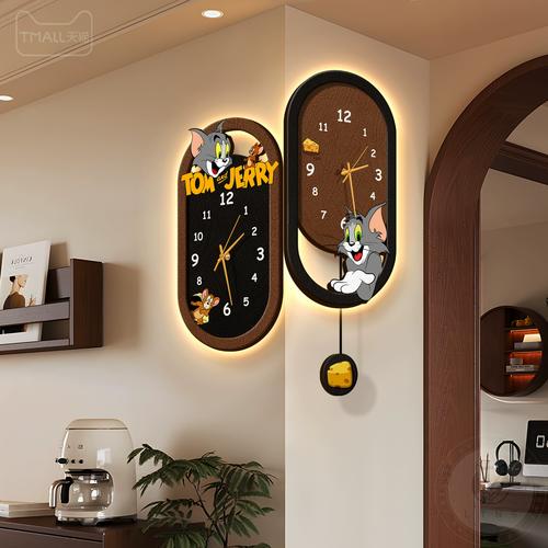 猫和老鼠客厅转角挂钟中古风万年历电子双面时钟2025新款拐角钟表