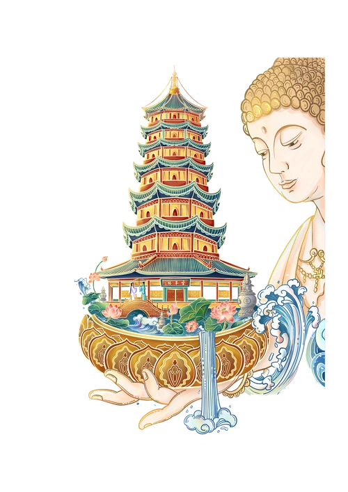 国风插画雷峰塔建筑白蛇青蛇元素