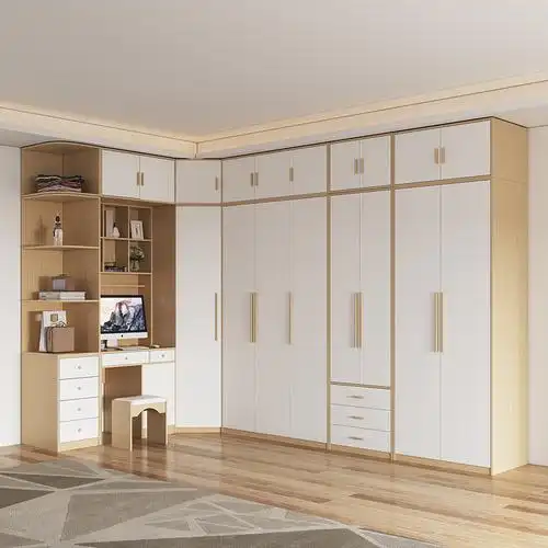 北欧转角衣柜带书桌一体家用卧室现代简约90度拐角连体电脑桌组合