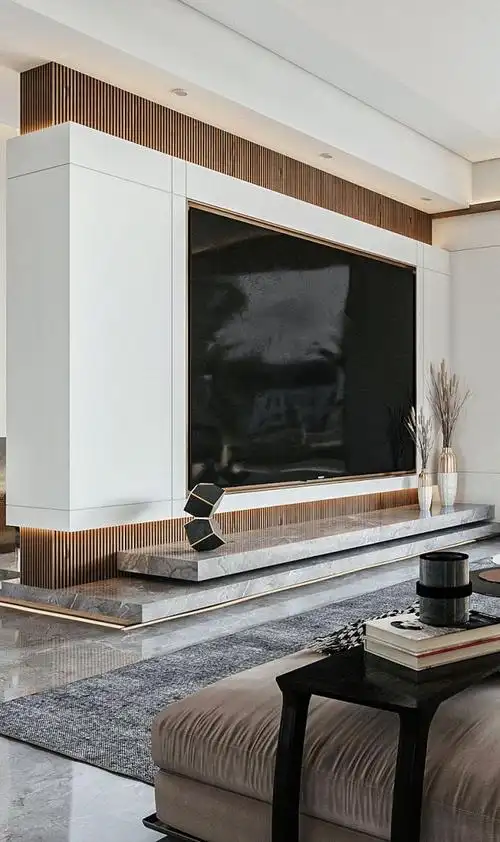 特别是在欧美装修风格中,多数会做一个"假"壁炉造型,而地台电视柜则为