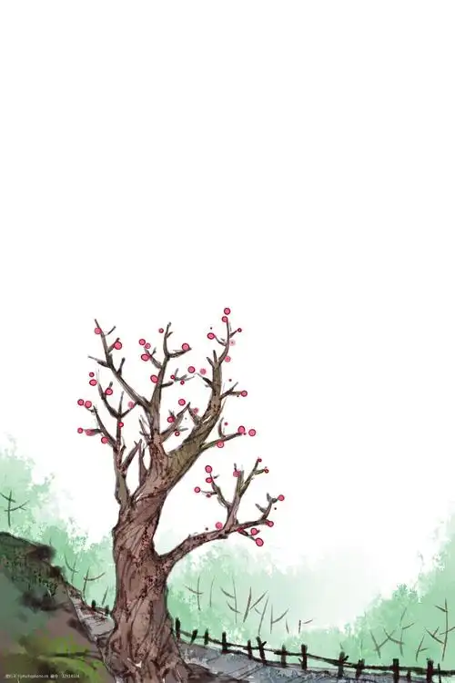 古栈春回水墨风景边框 古栈道 木栏 花树 桃花树 风景 水墨 古风