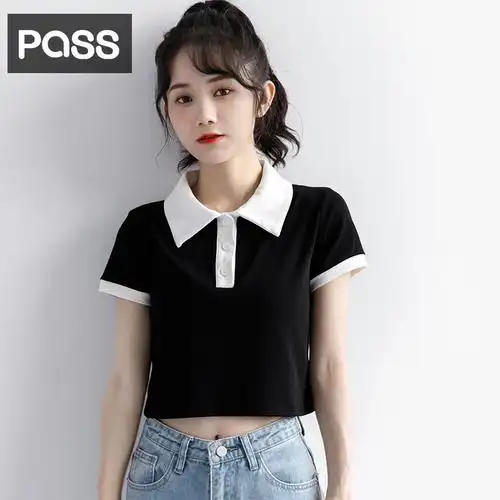 pass夏季新款黑白拼色高腰露脐短袖t恤女短polo衫翻领短款上衣潮
