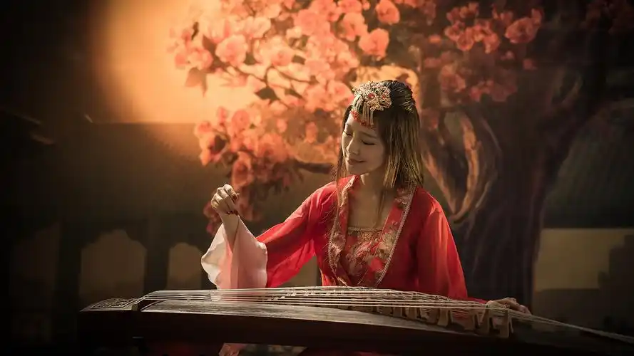 1920x1080 全高清 桌布 红衣服的女孩,亚洲,音乐,古筝