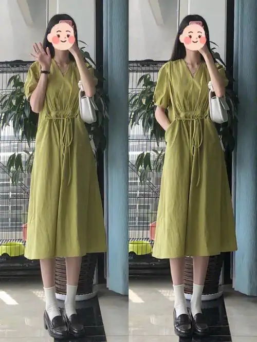 161夏日穿搭豆绿色连衣裙温柔显白绝绝子