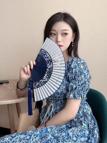中国风双节扇折叠布面复古风旗袍汉服小折扇子随身便携夏女舞蹈扇