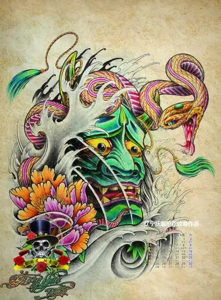 经典艳丽的彩色般若与蛇纹身图案