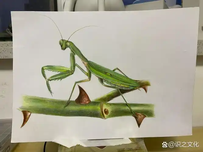 彩铅手绘螳螂 红盒辉柏嘉彩铅画的螳螂