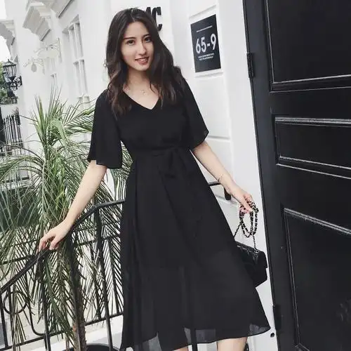夏季新款女装长款显瘦气质v领雪纺黑色时尚腰带连衣裙赫本小黑裙