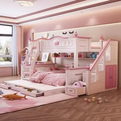 儿童童床女孩上下床双层多功能美式高低粉色母床高低