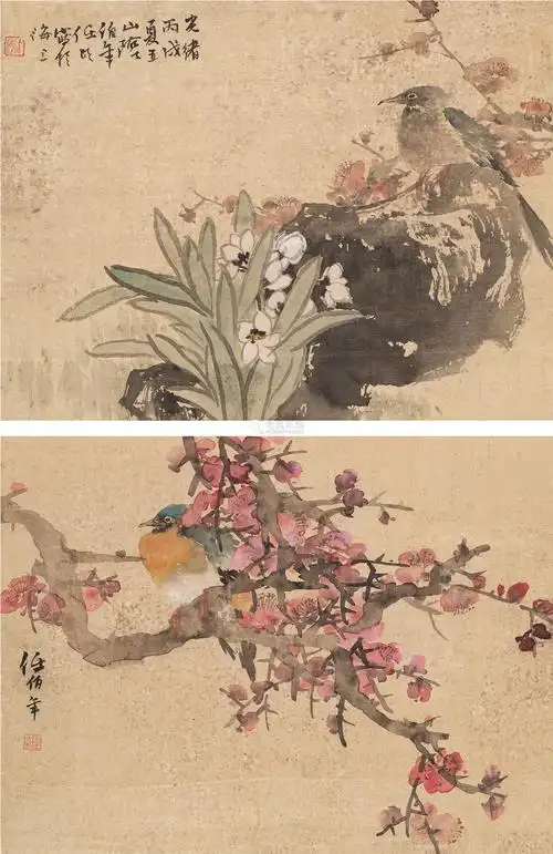 任伯年184018961886年作花鸟二帧立轴设色纸本