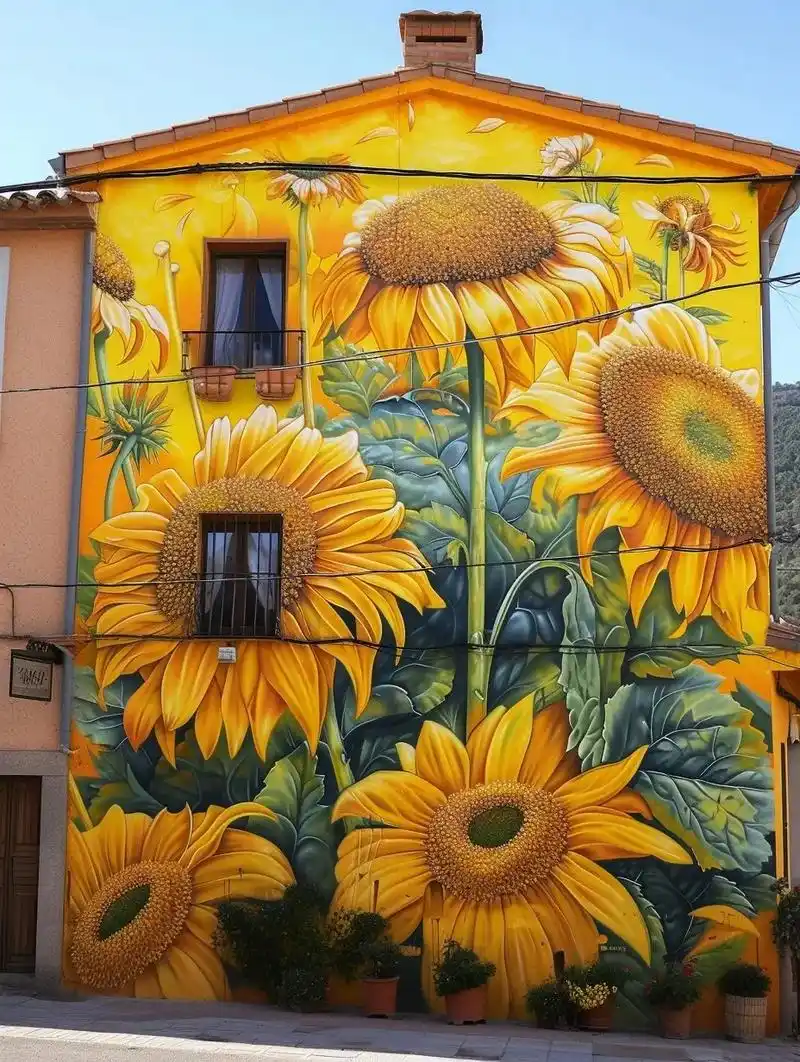 这组向日葵墙绘以明亮的色彩和 - 抖音