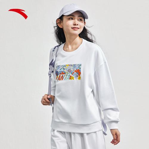 刺绣圆领休闲加绒针织宽松上衣打底衫新款女装安踏套头卫衣女冬季