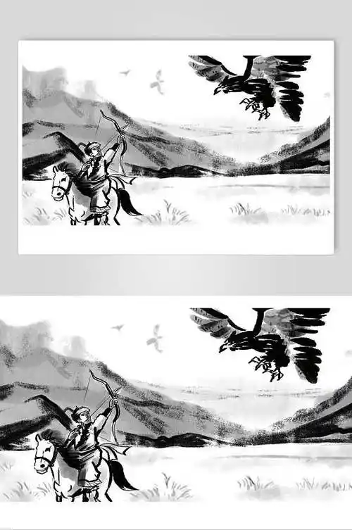 黑白色武侠水墨人物中国风手绘插画
