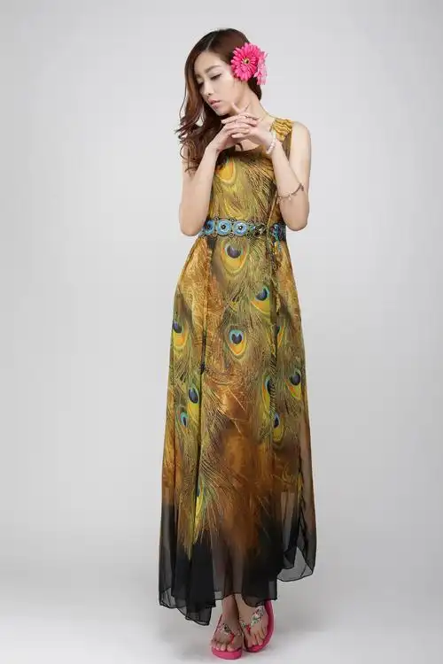 2014夏新款长款大摆雪纺孔雀印花连衣裙长裙