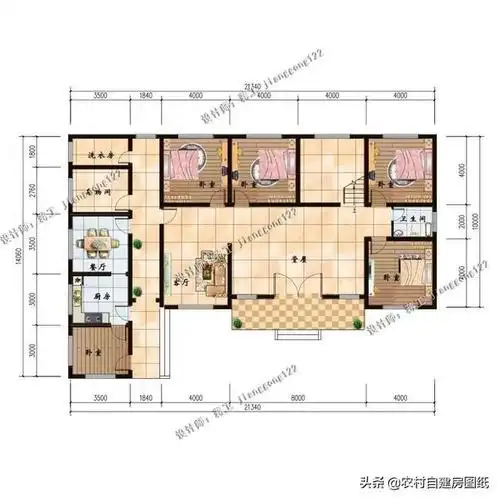 34m×14m编号j1015户型二简欧风格的一款农村平房设计图,精致大气带