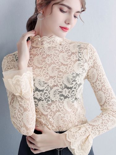 白色高领蕾丝打底衫女长袖透明洋气小衫内搭t恤