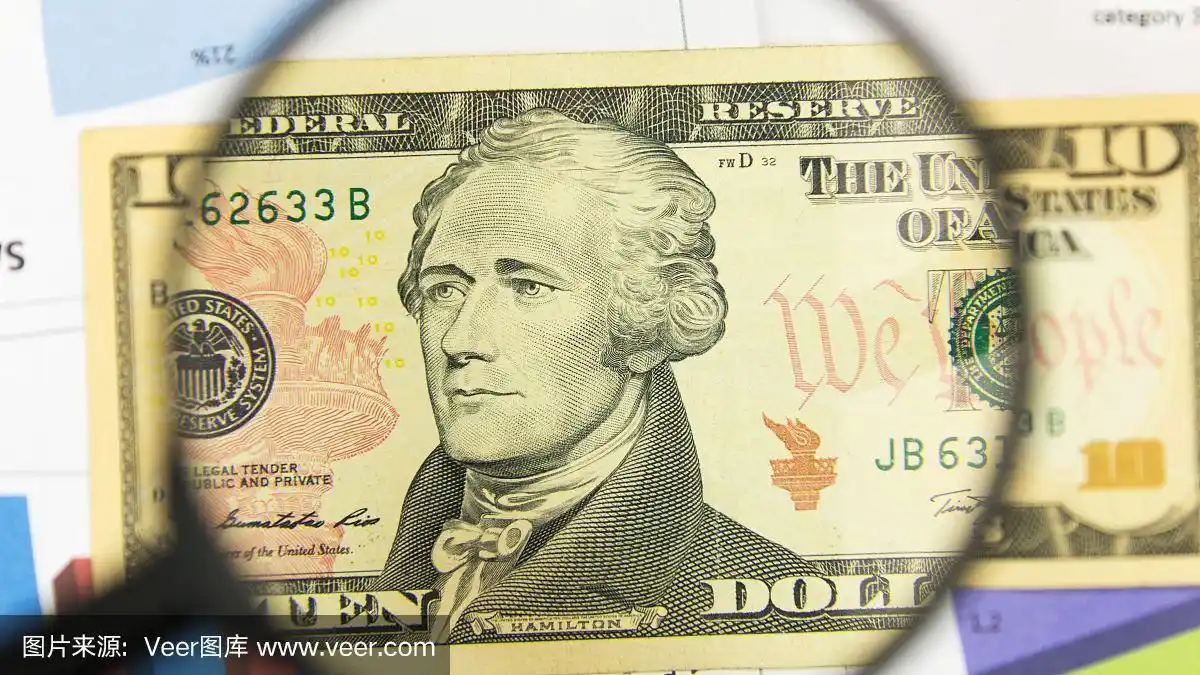 通过放大镜10美元的特写.商业背景.钱的研究概念.