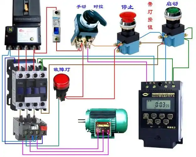 一台3干瓦电机,手动和自动,还有故障灯和时控的连接图