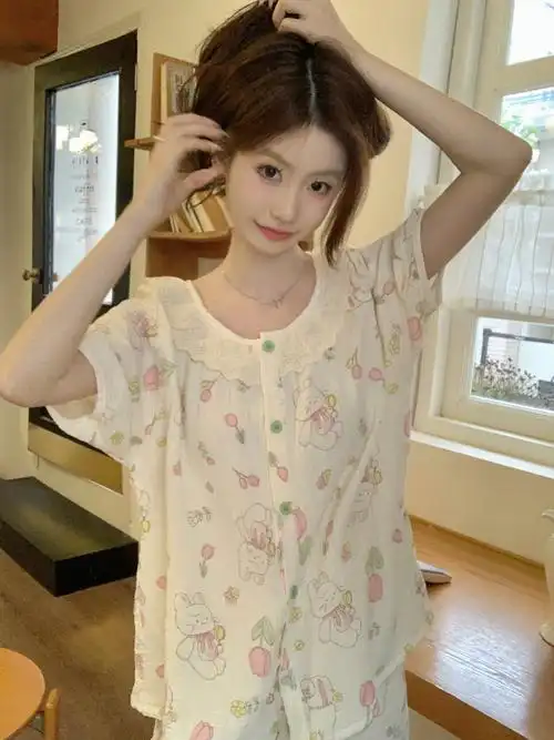 日系ins风可爱兔子睡衣女夏季短袖短裤蕾丝花边可外穿家居服套装 - 17