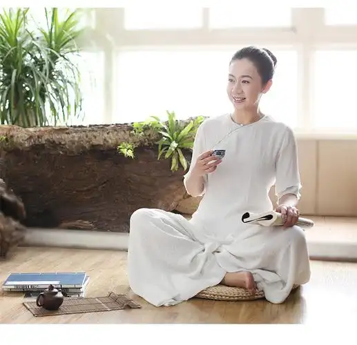 唐装禅修居士服套装禅服女夏茶服汉服女民国禅意女装自然白中袖两件套