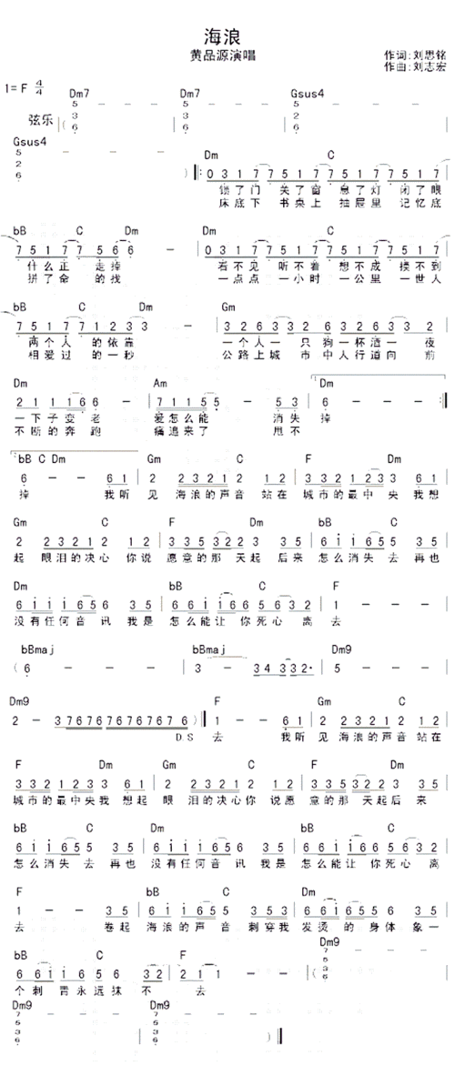 海浪 黄品源 歌谱 简谱